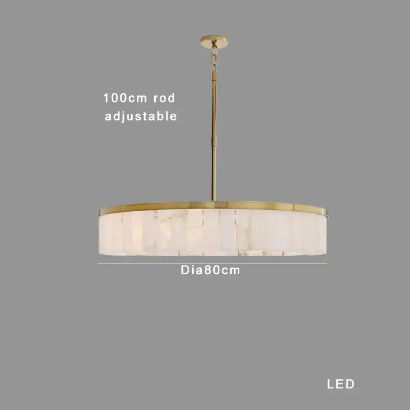 A modern pendant light with brass-finished frame and decorbites gold marble panels for dining room ceiling decor