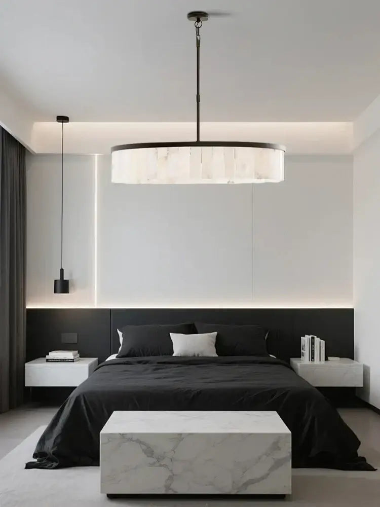 Modern pendant light with white marble shade and black frame for elegant gold marble ceiling decorbites gold marble use