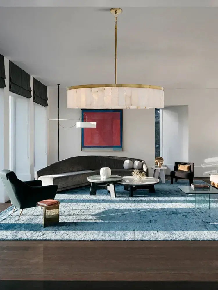 A modern pendant light with gold marble ceiling finish and layered translucent fabric shades for dining room decorbites gold marble