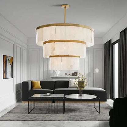 Elegant gold marble tiered pendant light with translucent layered shades for dining room decorbites gold marble ceiling