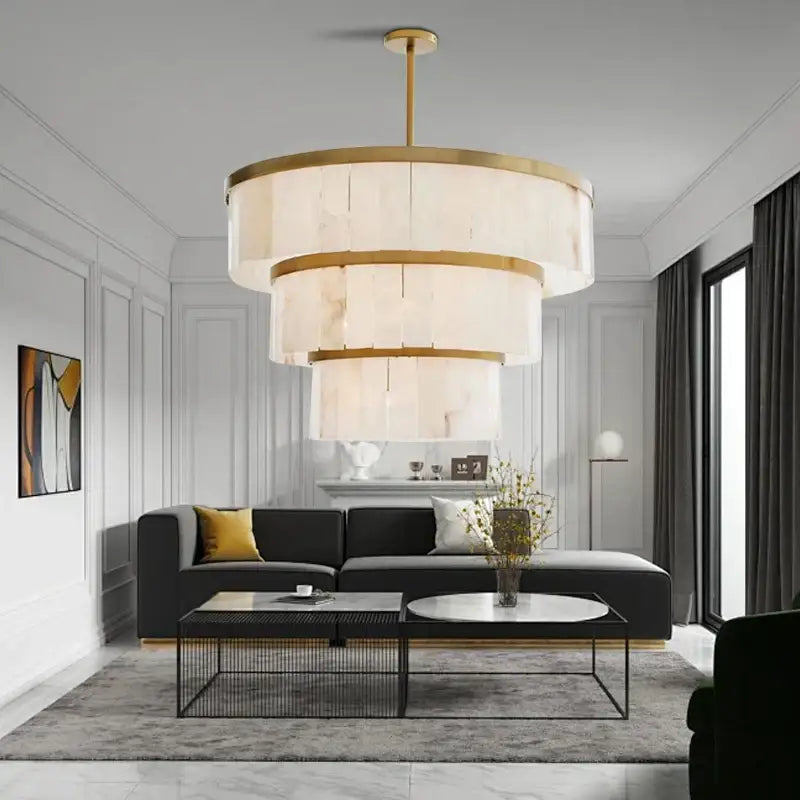 Elegant gold marble tiered pendant light with translucent layered shades for dining room decorbites gold marble ceiling