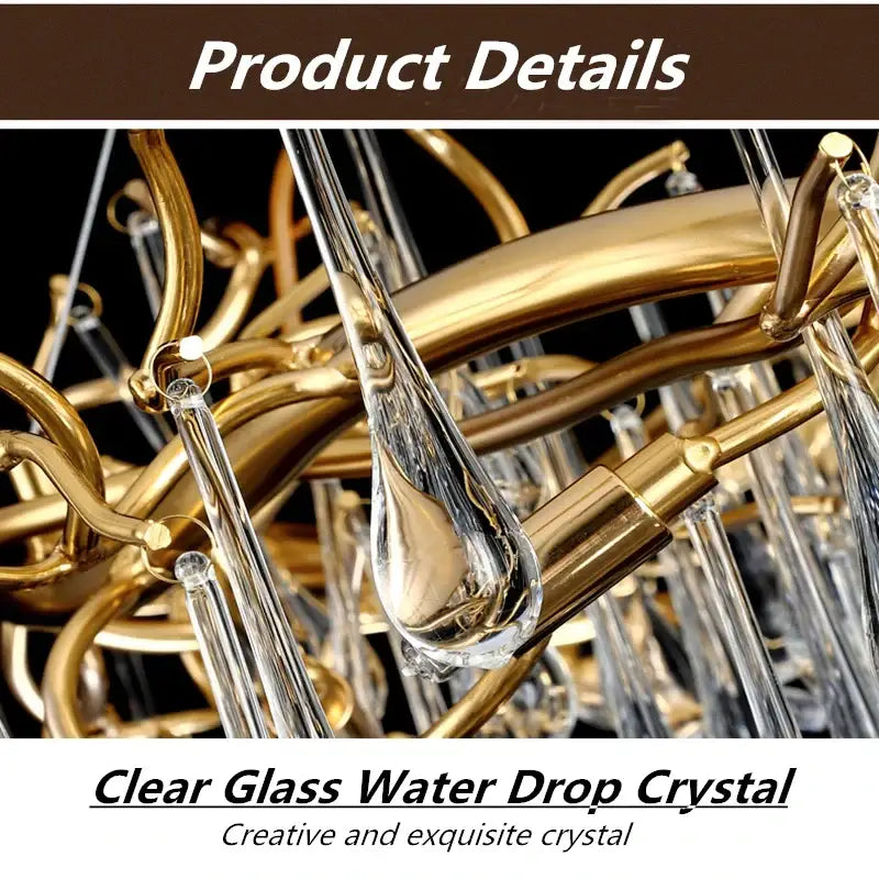 Elegant gold metal branch chandelier featuring glass water drop crystals for dining room lighting