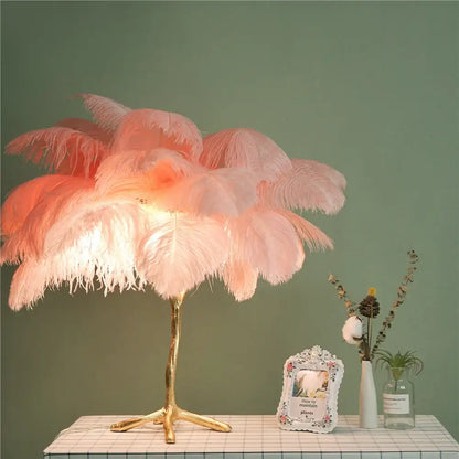Elegant gold decorbites elegant ostrich feather floor lamp with delicate pink ostrich feather and golden tree base