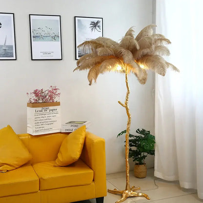 Golden feathered palm tree floor lamp with elegant ostrich feather design and warm glow for decorbites elegant ostrich decor