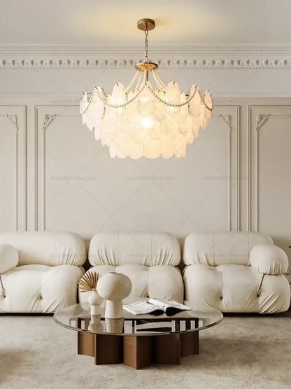 Elegant gold pearl shell chandelier garden light with layered petal shades and gold-toned frame for dining room use