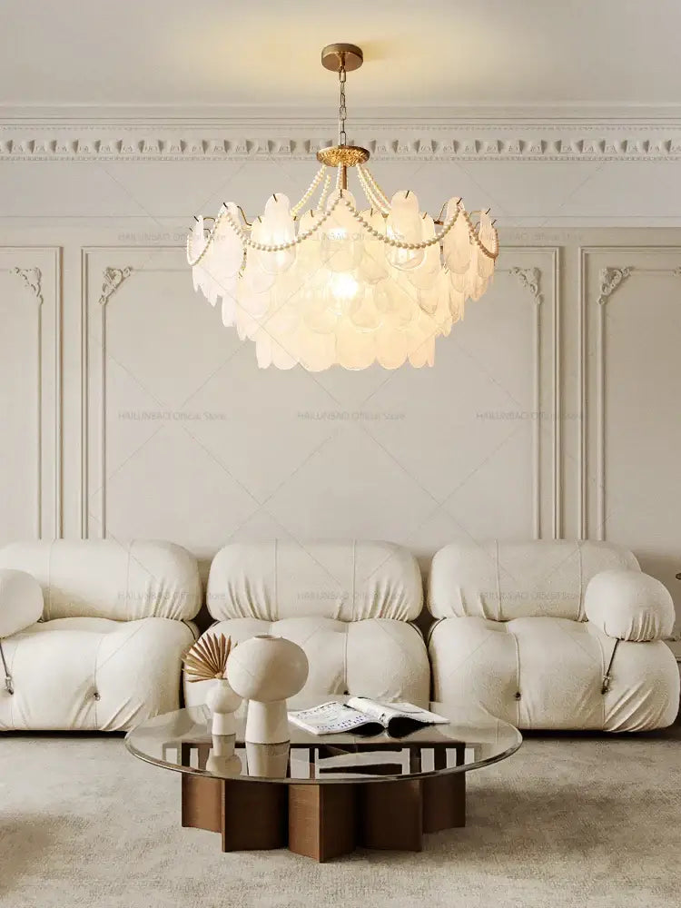 Elegant gold pearl shell chandelier garden light with layered petal shades and gold-toned frame for dining room use