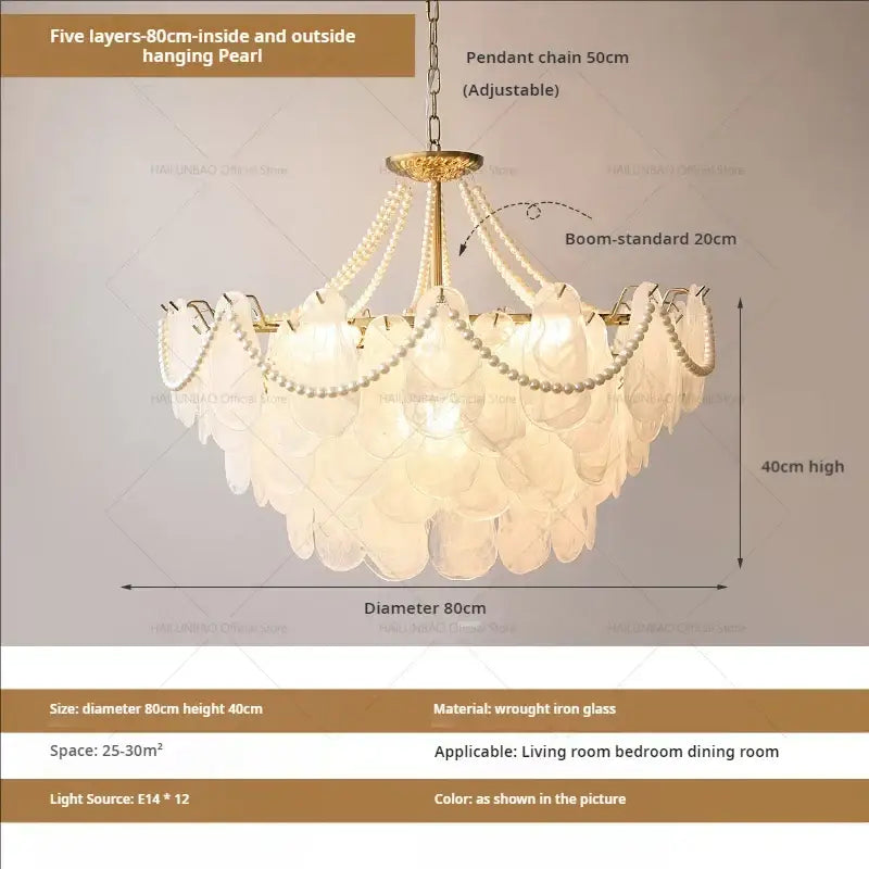 Elegant gold chandelier garden light featuring multi-layered pearl shell glass and a wrought iron frame for dining rooms