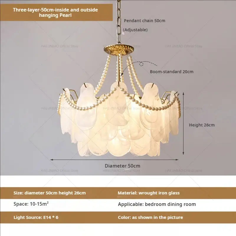 Elegant gold chandelier garden light with three-layer pearl shell design, golden wrought iron frame, and white glass shades