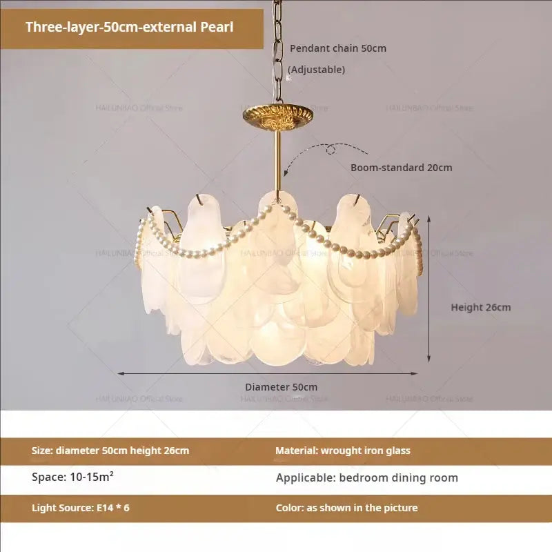 Elegant three-layer chandelier garden light with translucent white glass shells and gold-toned wrought iron frame for dining room