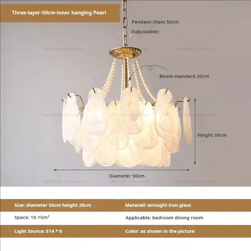 Elegant gold pearl shell chandelier garden light with three-layer pearls and translucent white glass shells for dining room