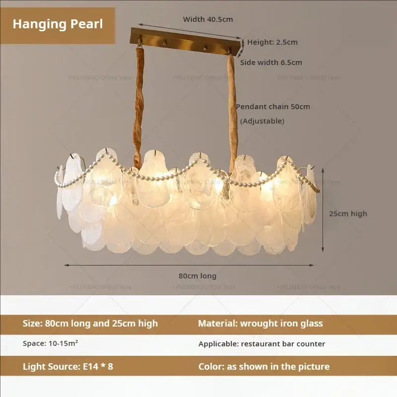 Elegant gold pearl shell chandelier garden light with oval translucent glass shells and adjustable chain for dining room