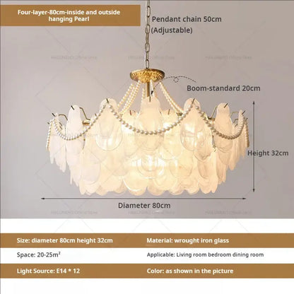 Elegant gold pearl shell chandelier garden light with white layered glass and gold-toned wrought iron frame for dining room