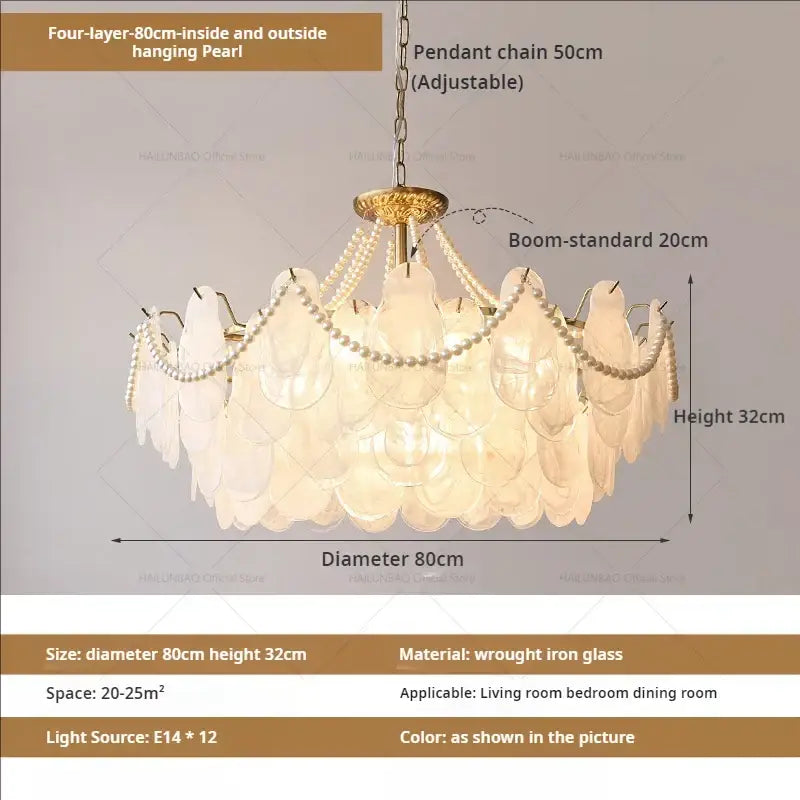 Elegant gold pearl shell chandelier garden light with white layered glass and gold-toned wrought iron frame for dining room