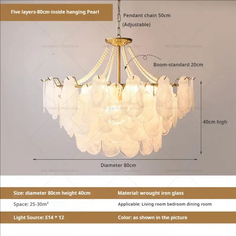 Elegant gold pearl shell chandelier garden light with five-layer translucent white glass shades and wrought iron frame