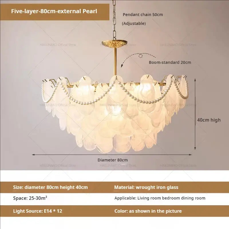 Elegant gold pearl shell chandelier garden light with translucent white glass discs and wrought iron frame for dining room