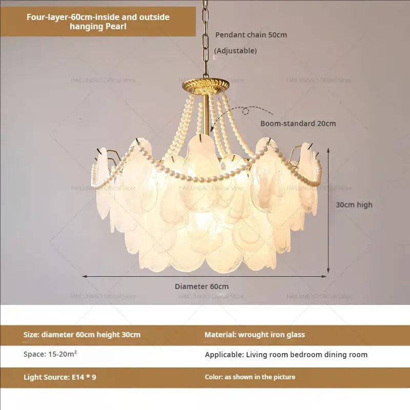 Elegant gold four-layer hanging pearl chandelier garden light with wrought iron frame and white glass petals for dining room