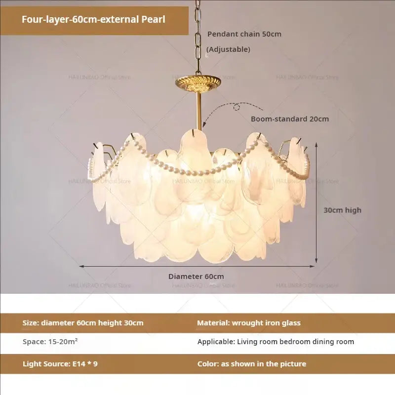 Elegant gold pearl shell chandelier garden light with cascading white glass petals and wrought iron frame for dining room