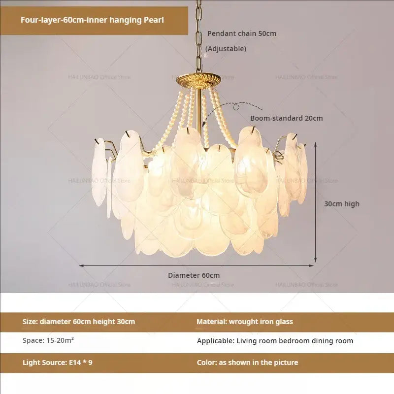 Elegant gold pearl shell chandelier garden light with four-layer translucent white glass petals and wrought iron frame