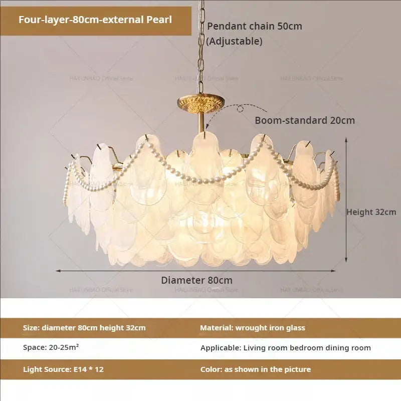 Elegant gold pearl shell chandelier garden light with four translucent glass shades and wrought iron frame for dining room