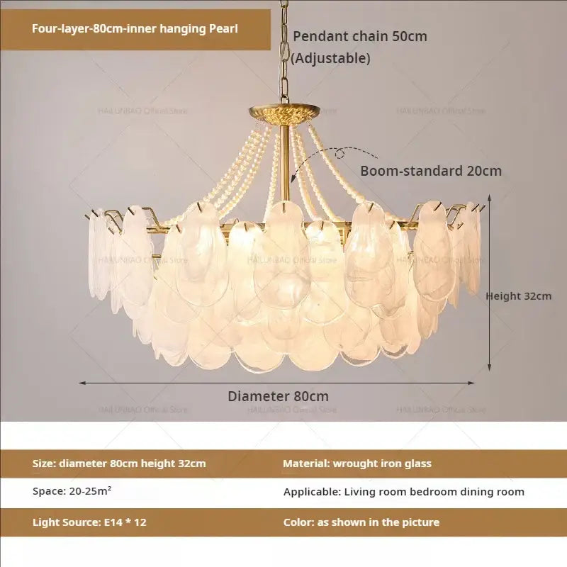 Elegant gold pearl shell chandelier garden light with four translucent glass layers and wrought iron frame for dining room