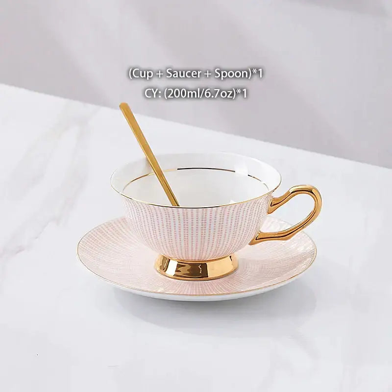A delicate pink gold porcelain tea cup with gold trim and textured pattern from decorbites gold porcelain tea set