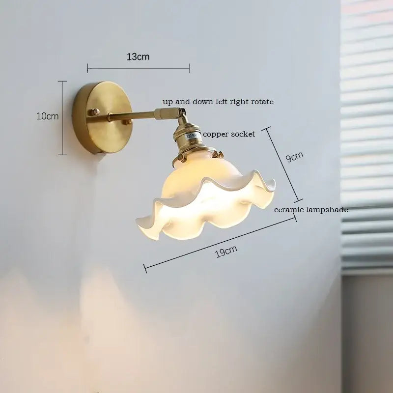 Brass wall light with scalloped gold ruffled ceramic led lampshade for elegant decorbites ceramic led wall decor