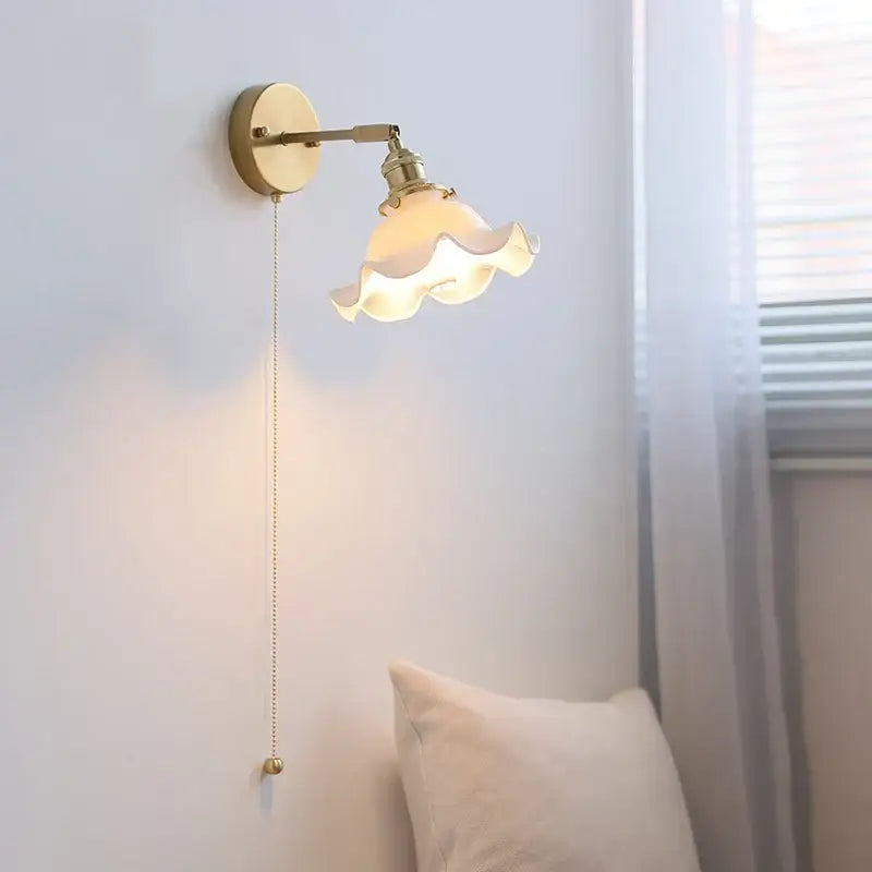 Elegant gold ruffled ceramic led wall light with glass shade and pull-chain switch for bedroom decorbites ceramic led wall