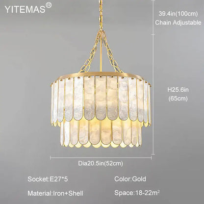 Elegant decorbites gold shell chandelier with layered translucent shell panels suspended from adjustable chain