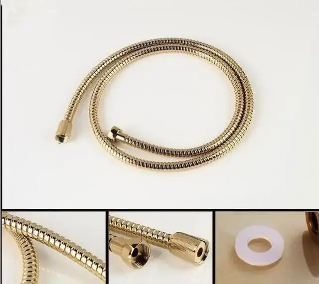 Gold-colored flexible metal shower hose with ribbed texture and threaded connectors for handheld bidet sprayer kit