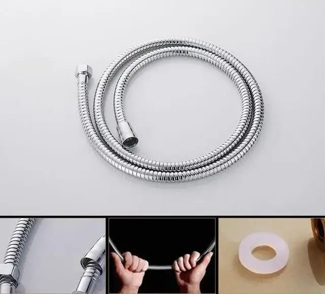 Chrome finished flexible metal shower hose with ribbed texture and threaded connectors for handheld bidet sprayer kit