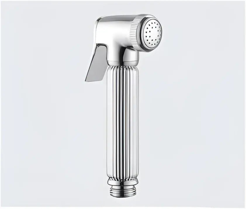 Chrome-finished handheld bidet sprayer with ribbed cylindrical body and circular nozzle in elegant gold and silver set