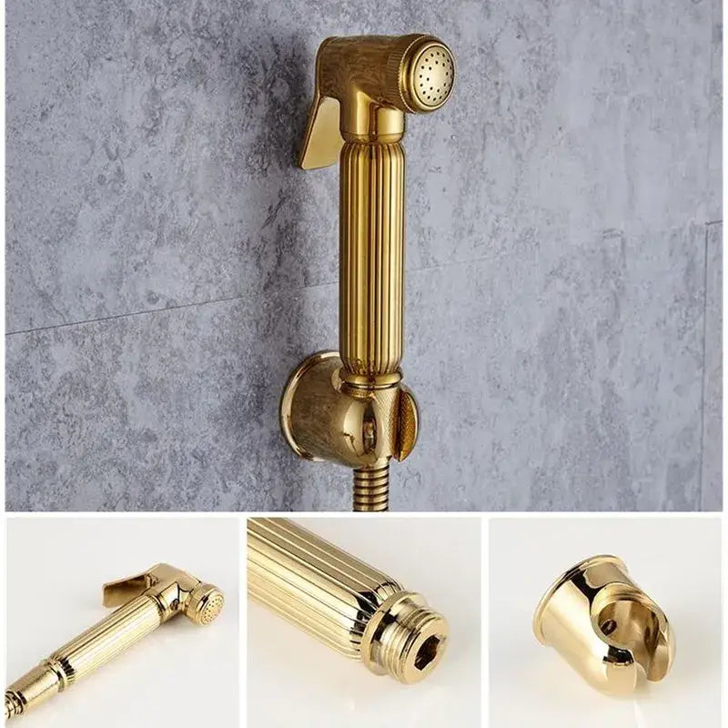 Elegant gold ribbed brass handheld bidet sprayer with decorative nozzle and mounting base for bathroom use
