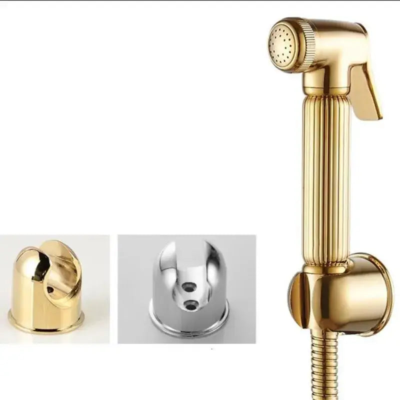 Elegant gold handheld bidet sprayer with ribbed handle and textured nozzle alongside gold and silver faucet caps set
