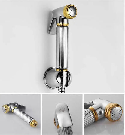 Elegant gold and silver handheld bidet sprayer with chrome finish and textured grip for bathroom use