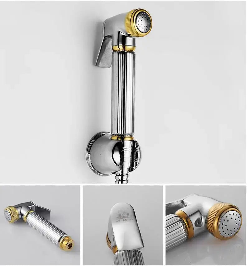 Elegant gold and silver handheld bidet sprayer with chrome finish and textured grip for bathroom use