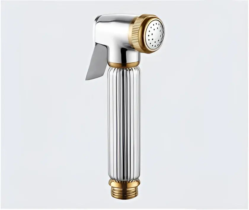 Elegant gold and silver handheld bidet sprayer with ribbed cylindrical body in a bathroom kit set
