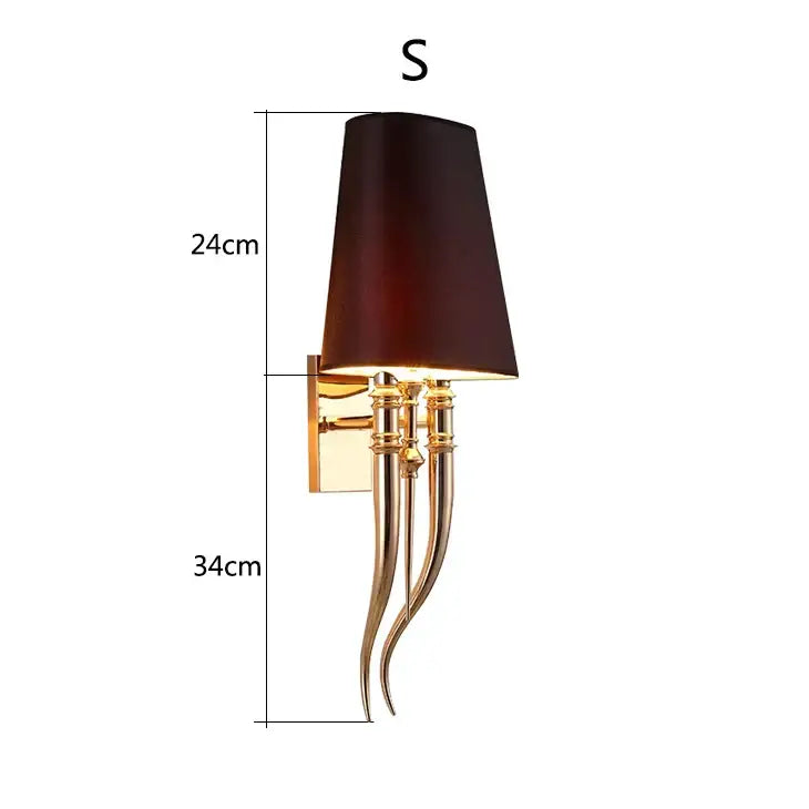 Elegant gold and silver iron claw horn wall sconce with gold-toned metal and dark brown tapered fabric shade for bedroom pair