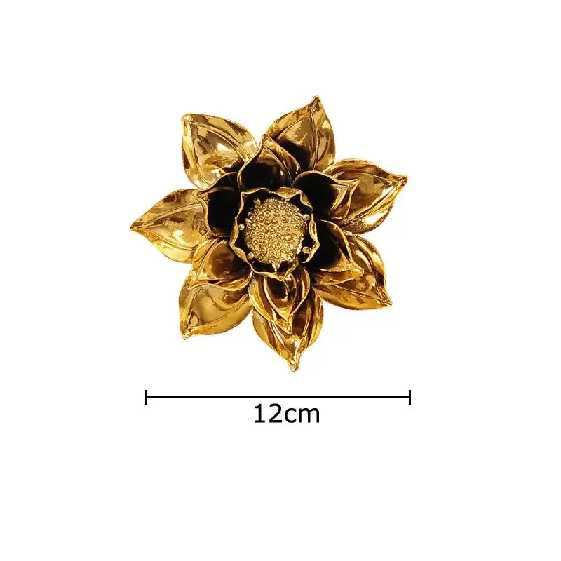 Golden lotus-shaped decorative brooch with intricate petal details and textured center for decorbites elegant porcelain wall ornaments