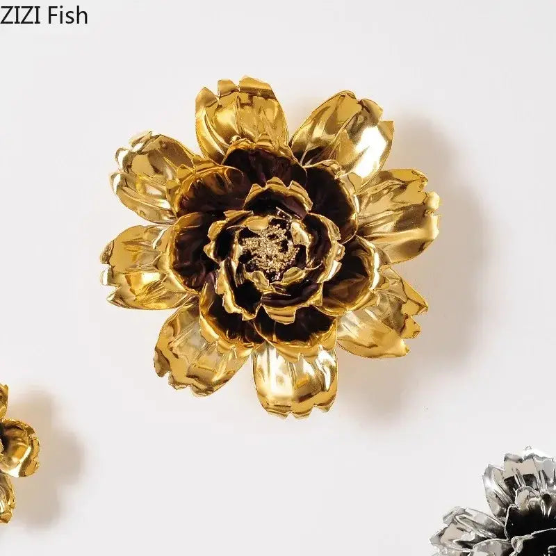 Elegant porcelain peony wall ornaments featuring golden metallic layered petals with a dark center for living room decor