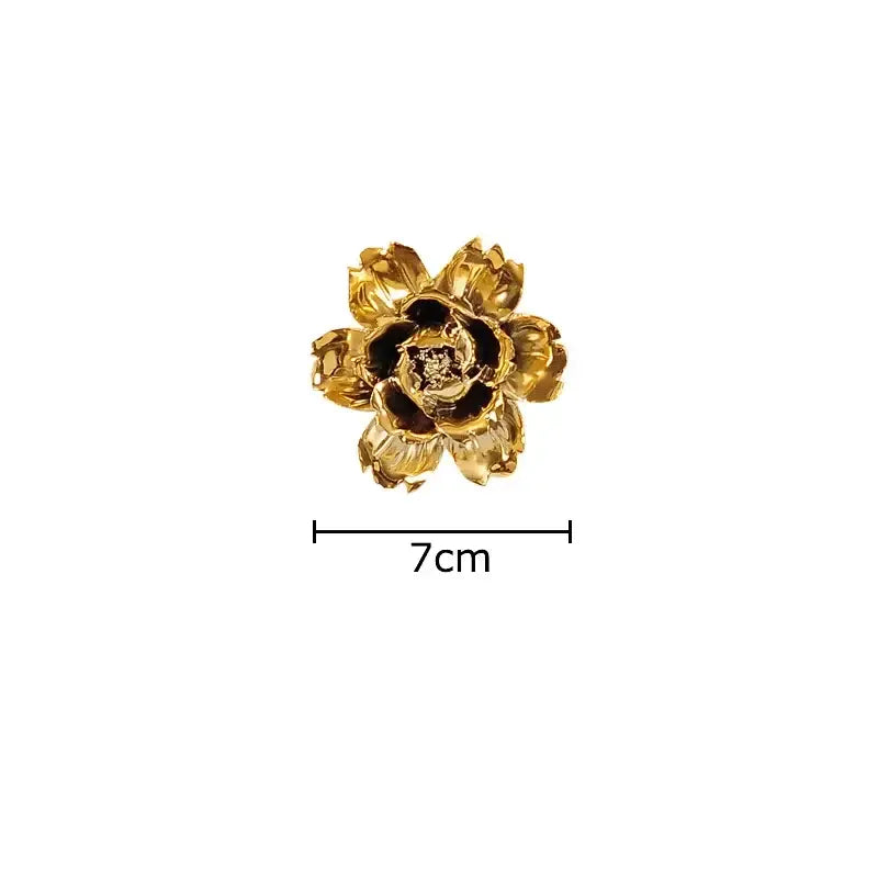 Gold-toned metallic flower-shaped brooch with detailed petals 7cm wide for decorbites elegant porcelain wall ornaments