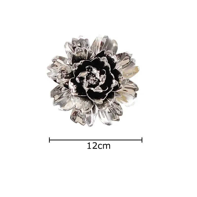Silver and black enamel flower brooch with layered petals and sparkling center for decorbites elegant porcelain peony wall ornaments