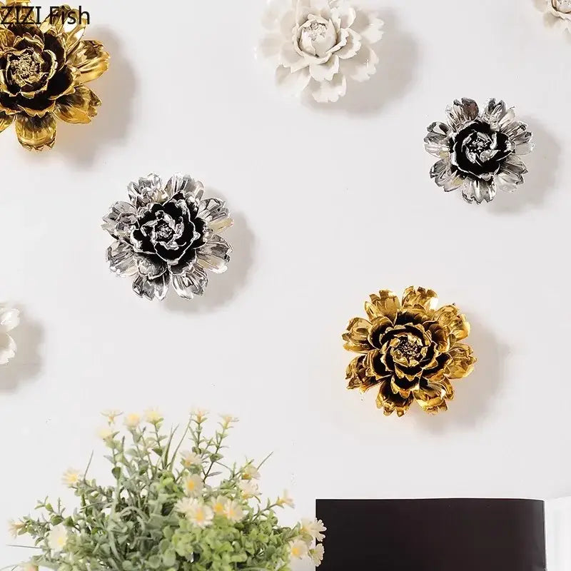 Elegant gold and silver porcelain peony wall ornaments with intricate petal details for living room decorbites elegant porcelain decor