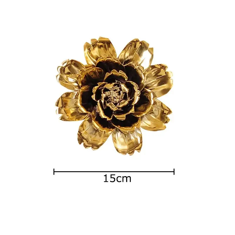 Elegant gold and silver porcelain peony wall ornaments featuring a golden multi-layered flower brooch with glossy finish