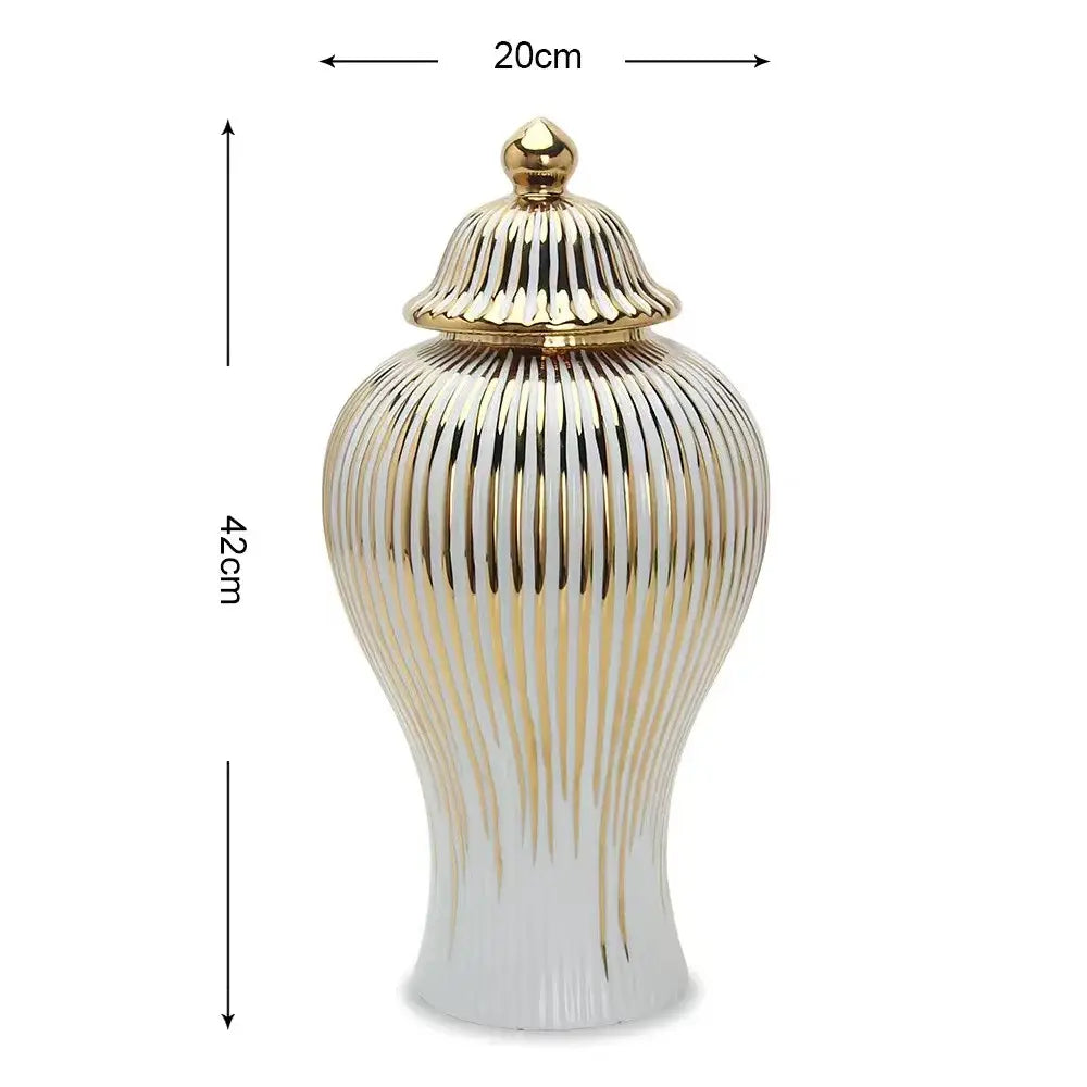 Elegant gold striped ceramic ginger jar in white with gold lid for living room decorbites living room storage