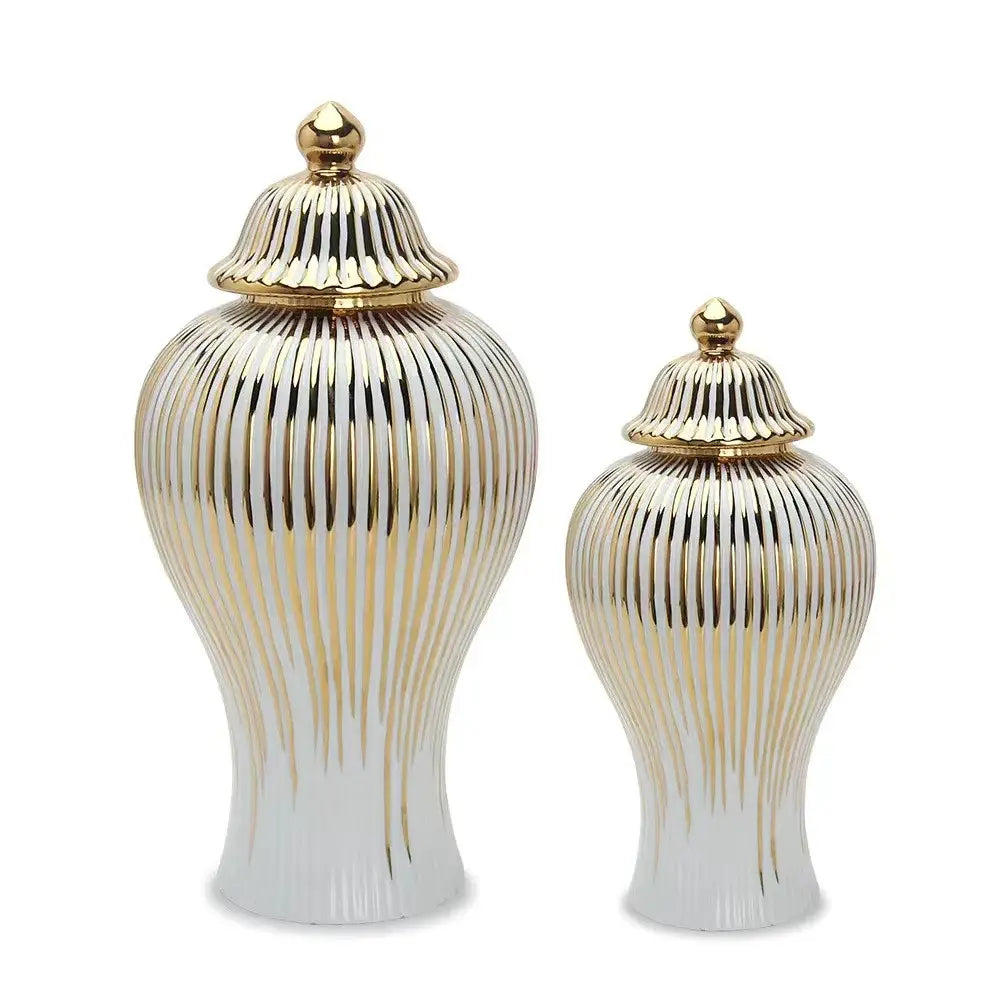 Elegant white gold striped ceramic ginger jars with matching golden lids for living room storage decorbites gold striped
