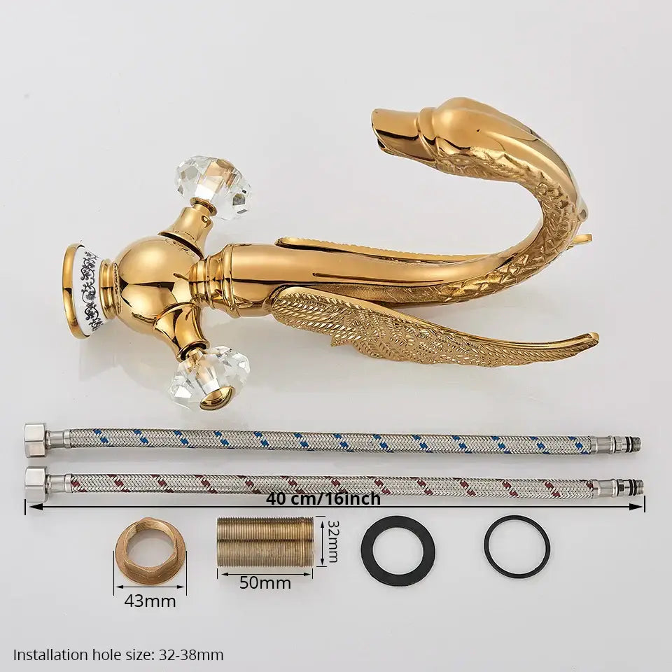 Elegant gold swan basin faucet with crystal knobs and decorative feather detailing by decorbites gold swan