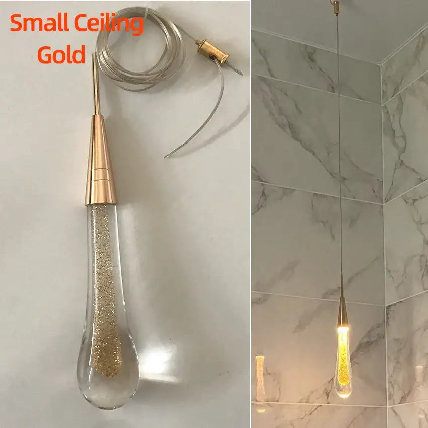 Elegant gold teardrop crystal glass pendant light with golden glitter for dining room decorbites crystal glass design