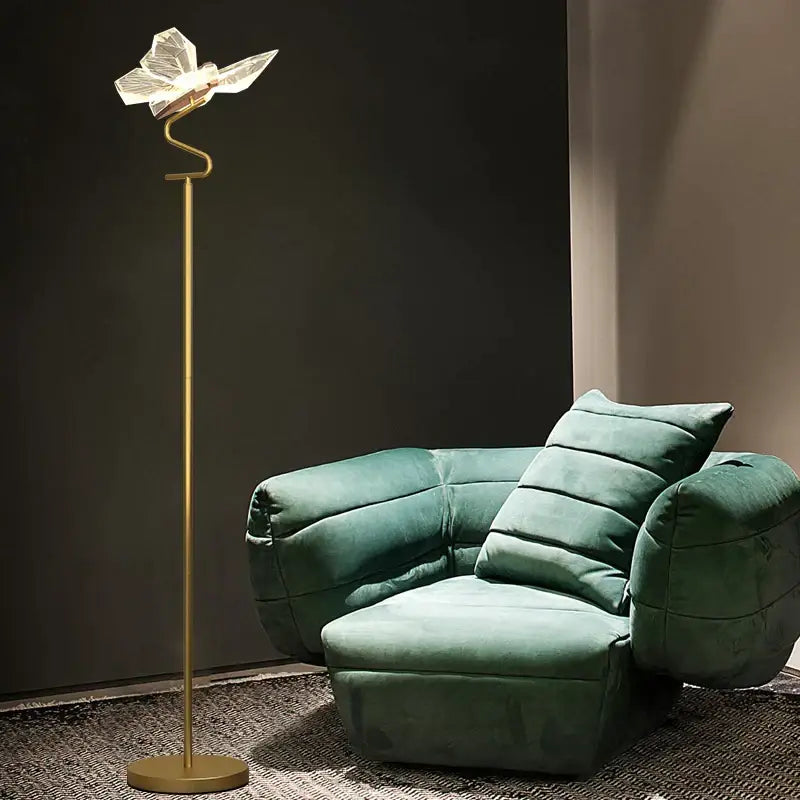 Gold-finished floor lamp with a translucent butterfly chandelier light fixture from decorbites butterfly chandelier collection