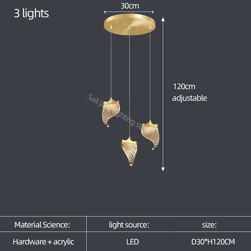 Elegant acrylic chandelier with three gold-toned leaf-shaped acrylic light fixtures for living room or dining hall