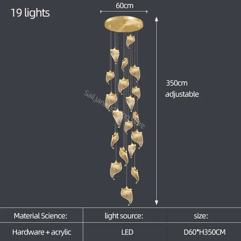 Elegant golden shell acrylic chandelier with 19 led lights and adjustable height for living room and dining hall